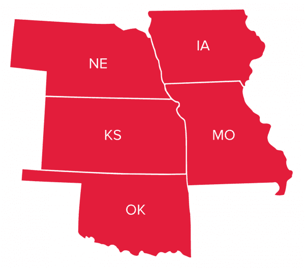 Map showing our reps and offices in Kansas, Missouri, Nebraska, Oklahoma, and Iowa - making it easy to contact us.